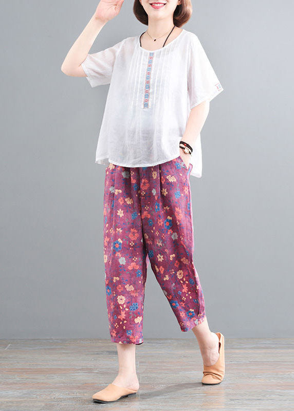 Handmade White Embroideried Print Linen Sets Two Pieces Summer