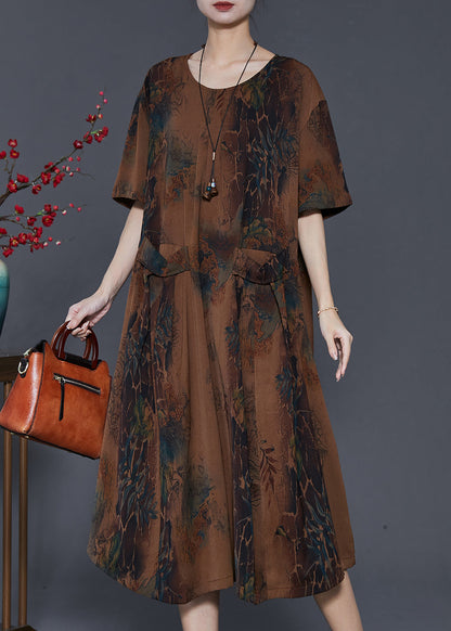 Stylish Coffee Oversized Print Pockets Silk Maxi Dresses Summer