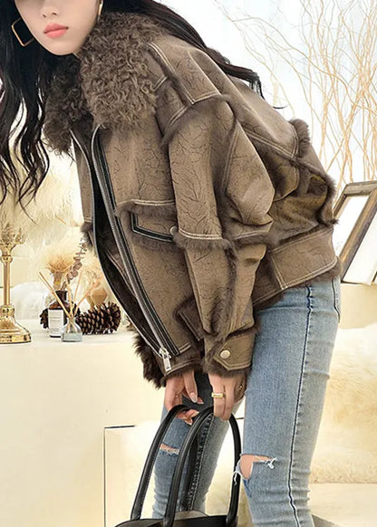 New Coffee Fur Collar Zip Up Patchwork Leather and Fur Coat Winter