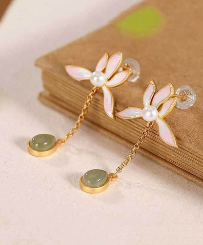 Pink Sterling Silver Overgild Inlaid Jade Drop Earrings