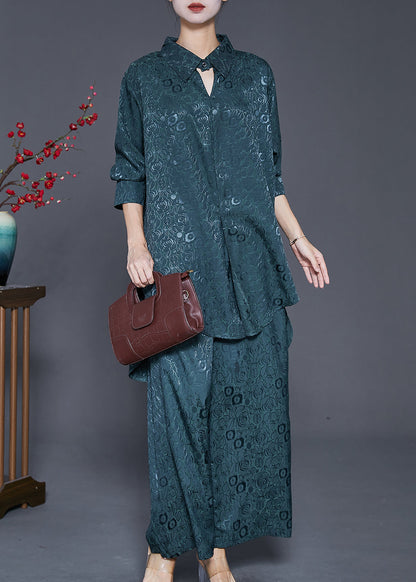 Blackish Green Peter Pan Collar Jacquard Silk Two Pieces Set Fall