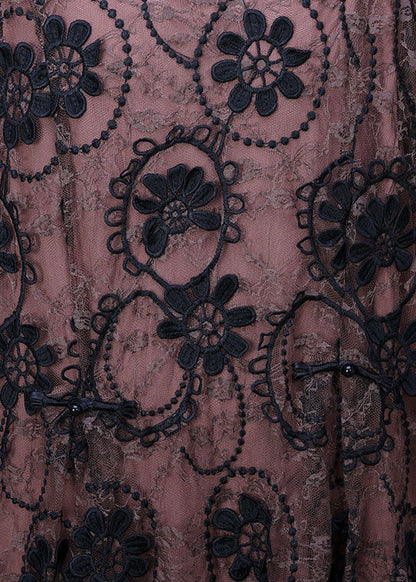 Pink O-neck Embroideried Lace Holiday Long Dress Long Sleeve