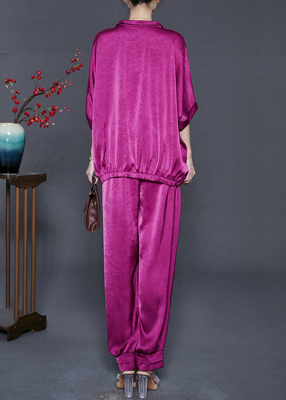 Stylish Purple Oversized Wrinkled Silk Sets 2 Pieces Summer