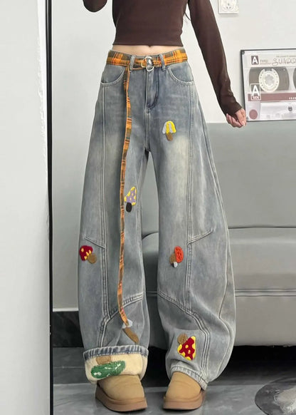 Fitted Grey Embroidered Patchwork Denimwarm Fleece Pants Winter