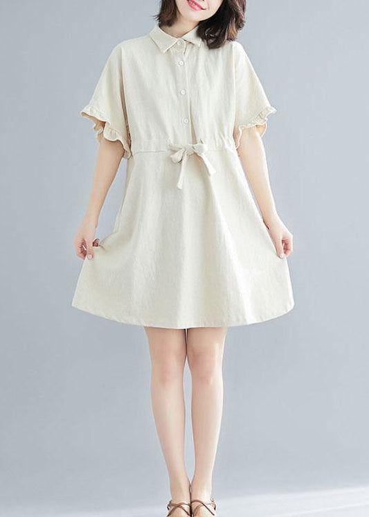 Comfy Beige Tie Waist Cotton Button Summer Day Dress