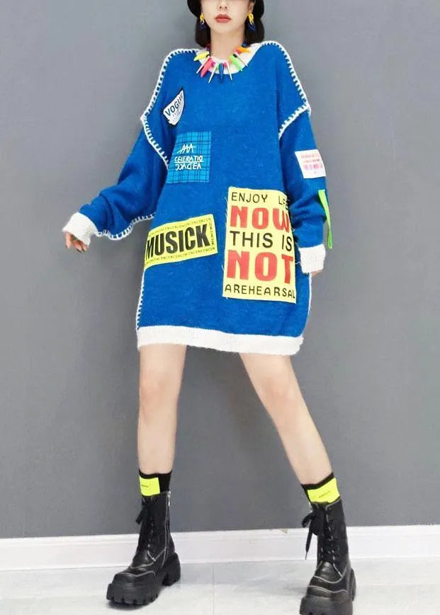 Natural Blue O-neck Patchwork Fall Long Knit Dress