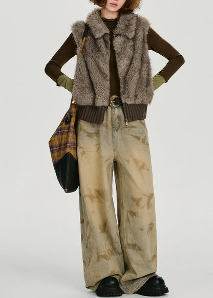 Brown Oversized Patchwork Faux Fur Vests Winter