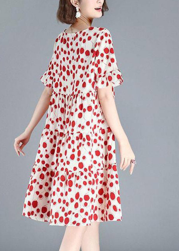 Red O-neck Dot Print Wrinkled Mid Dresses Short Sleeve