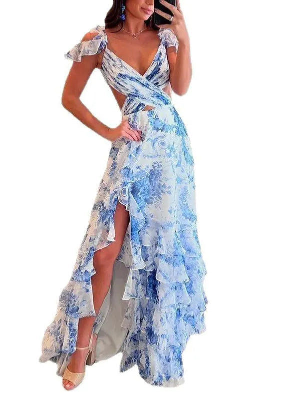 Blue Print Side Open Chiffon Maxi Dresses Sleeveless