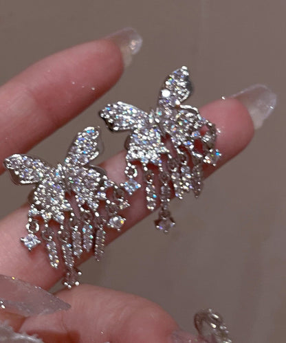 White Sterling Silver Alloy Zircon Butterfly Tassel Drop Earrings