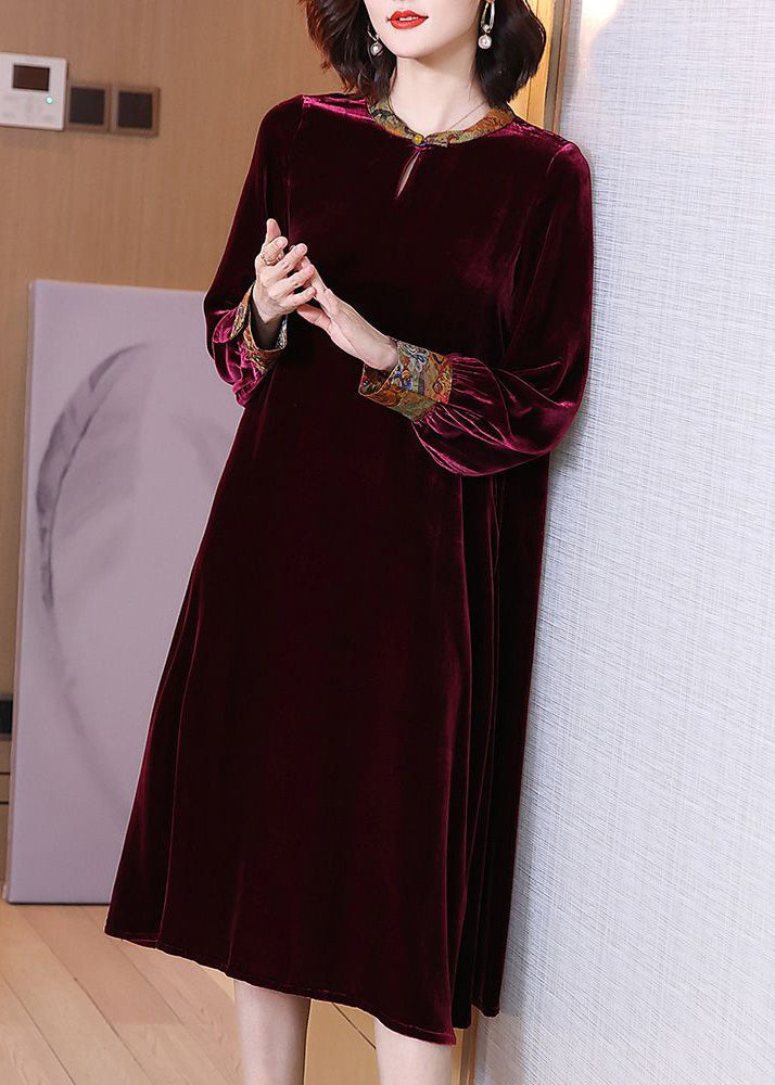 French Wine Red O-neck Pockets Silk Velour Dress Spring
