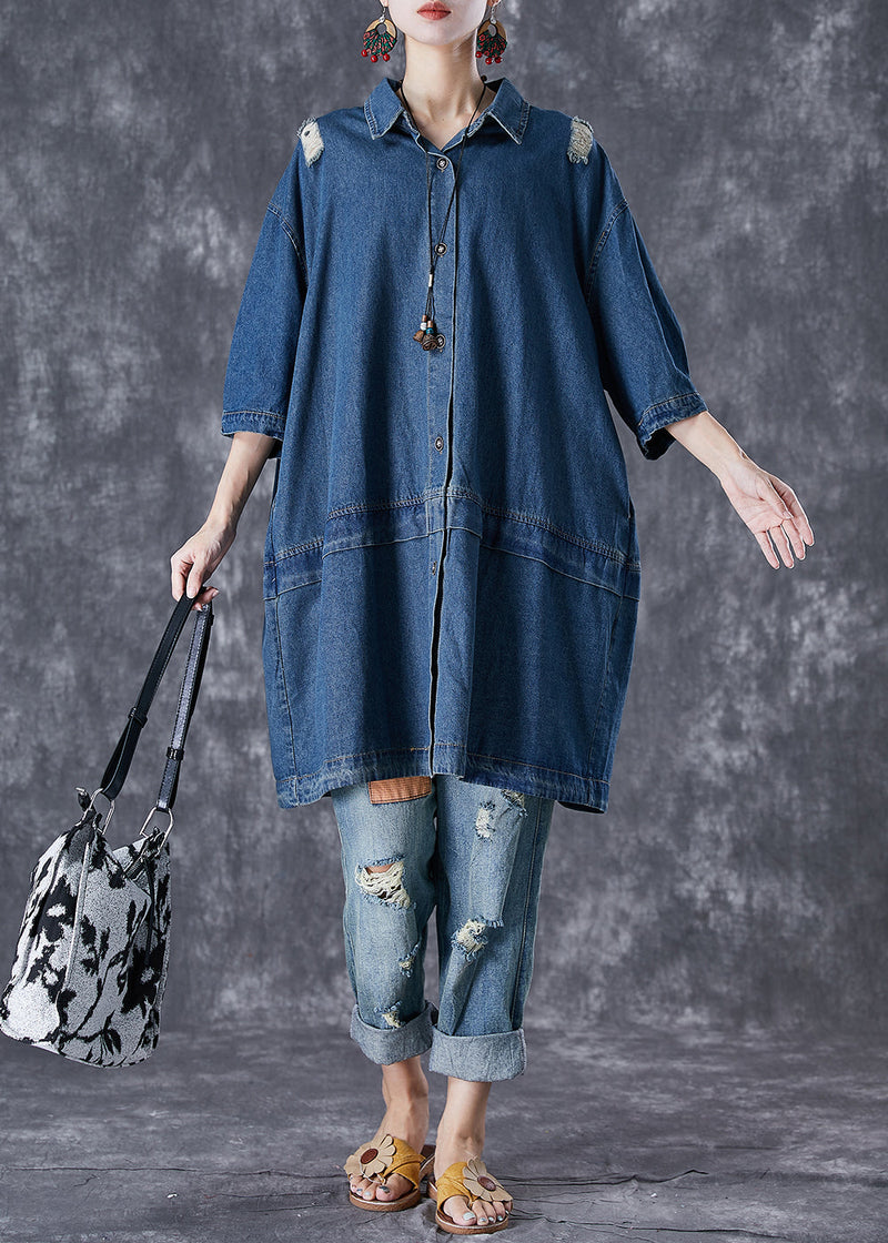 Blue Oversized Patchwork Denim Ripped Trench Coats Fall