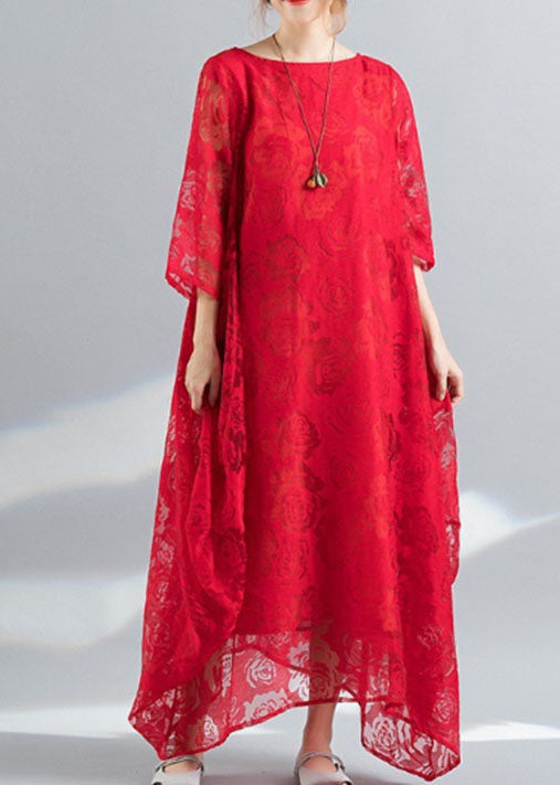 Red Lace Vacation Dress Hollow Out Asymmetrical Bracelet Sleeve