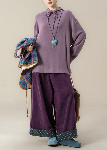 Loose Blue Plaid Lace Up Cotton Filled Waistcoat and Purple Wide Leg Pants Three Pieces Set Sleeveless