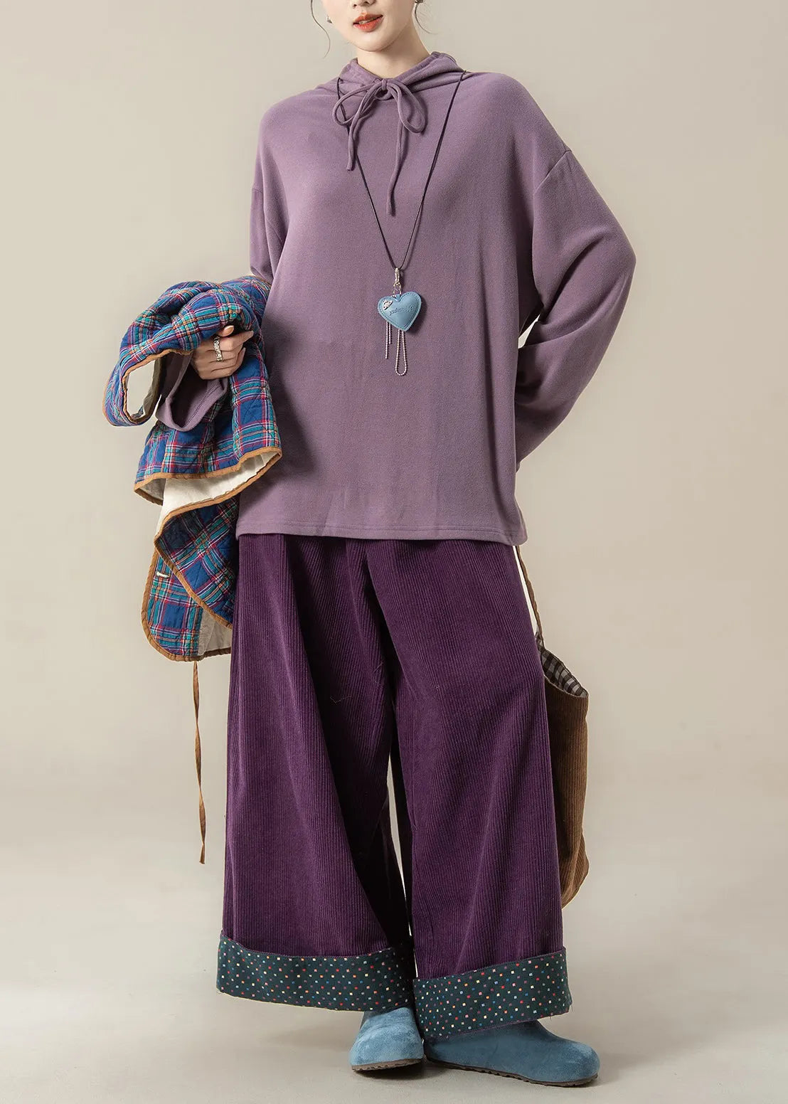Loose Blue Plaid Lace Up Cotton Filled Waistcoat and Purple Wide Leg Pants Three Pieces Set Sleeveless