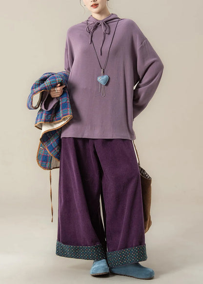 Loose Blue Plaid Lace Up Cotton Filled Waistcoat and Purple Wide Leg Pants Three Pieces Set Sleeveless