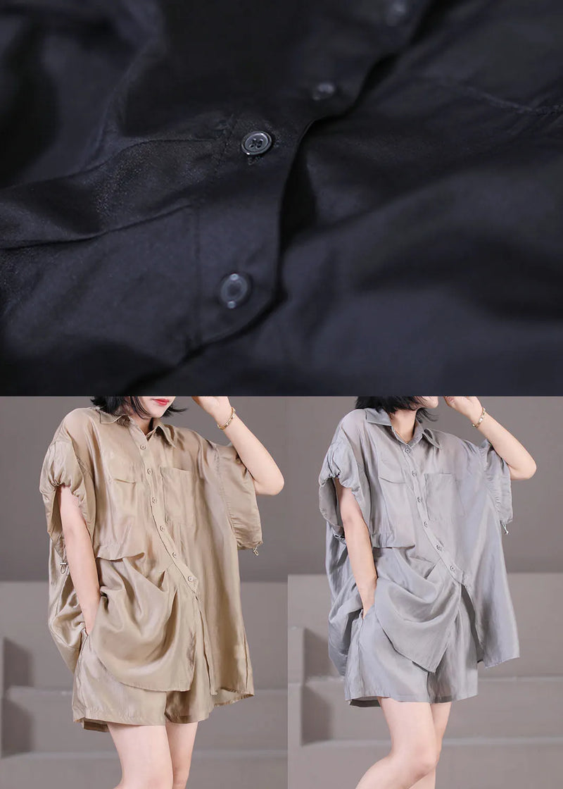 Grey Silk Shirts and Shorts Two Pieces Set Peter Pan Collar Button Wrinkled Summer
