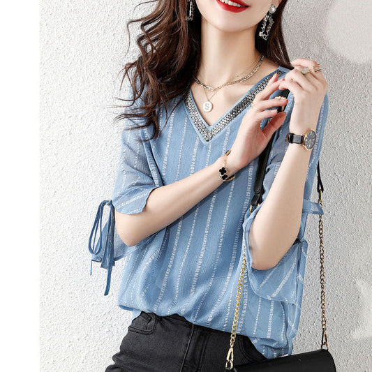 Sky Blue Sequins V Neck Jacquard Chiffon Shirt Half Sleeve