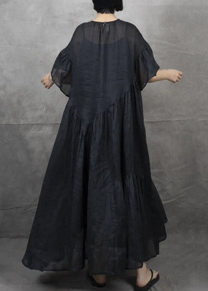 Black Wrinkled Patchwork Maxi Dress Short Sleeve