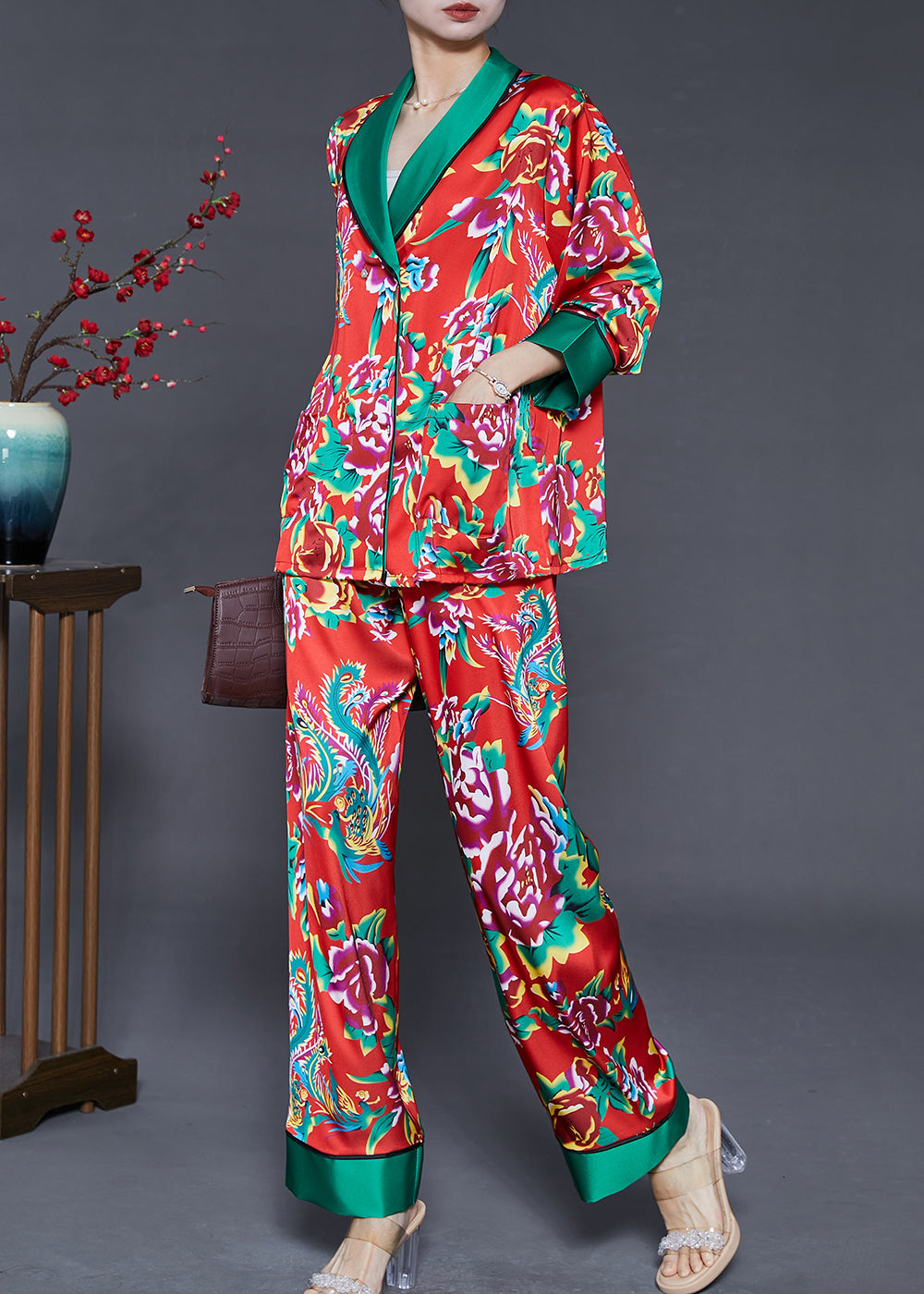 Red Peter Pan Collar Print Ice Silk Two Pieces Set Fall