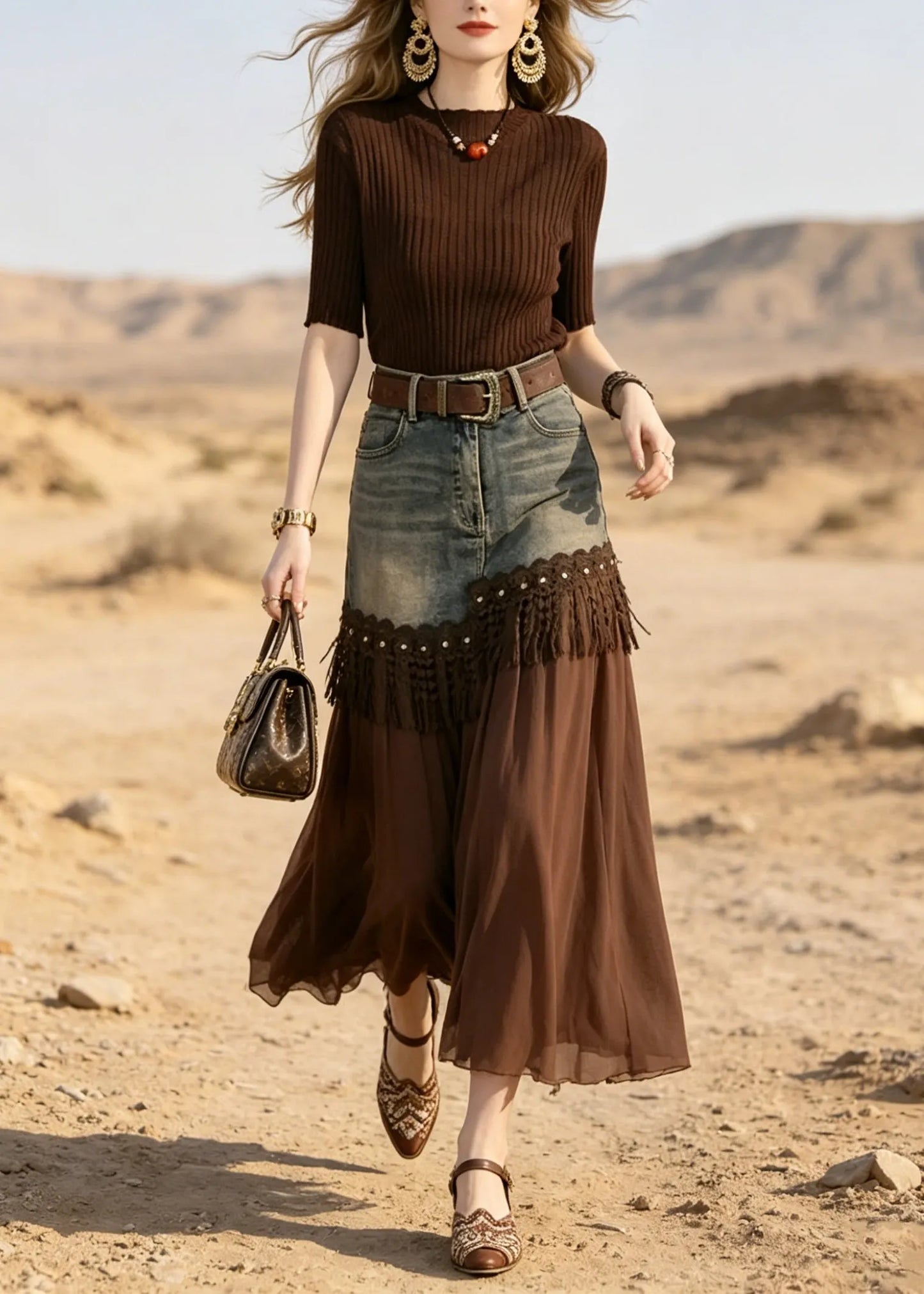 Coffee Ice Silk Knit Top and Lace Tassel Skirts Two Pieces Set Summer