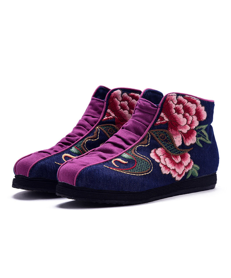 Embroideried Zippered Splicing Boots Red Linen Fabric Ankle Boots