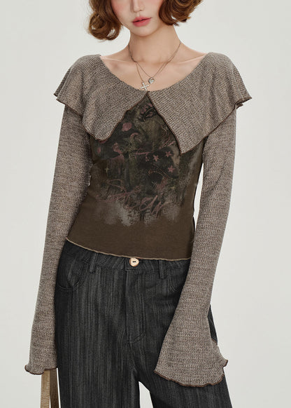 Art Brown Peter Pan Collar Patchwork Cotton Shirt Spring