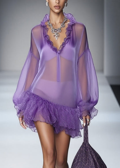 Purple Ruffled Tulle Mid Dress Spring