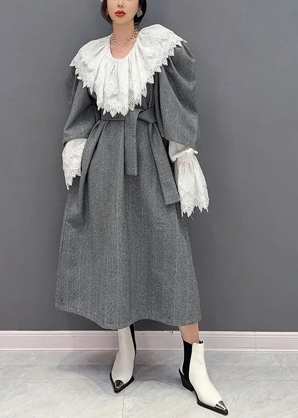 Grey Oversized Woolen Cinch Dress Two Pieces Set Spring
