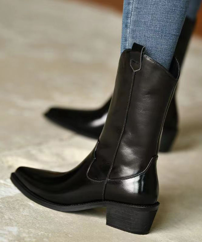 Black Pointed Toe Boots Chunky Cowhide Leather