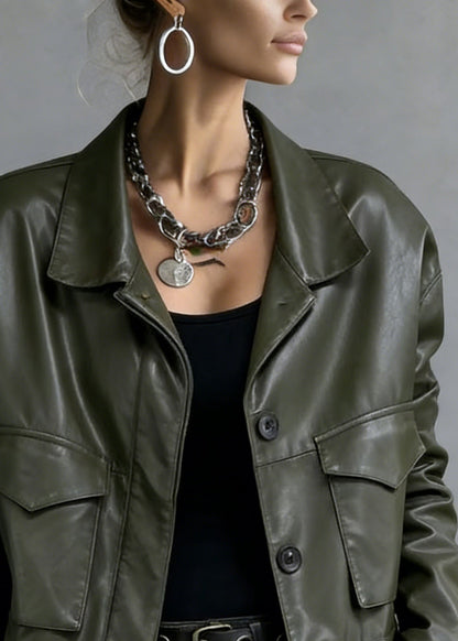 Loose Green Peter Pan Collar Button Pockets Faux Leather Coat Spring