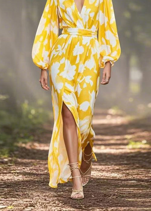 Yellow V Neck Print Side Open Chiffon Dress Spring