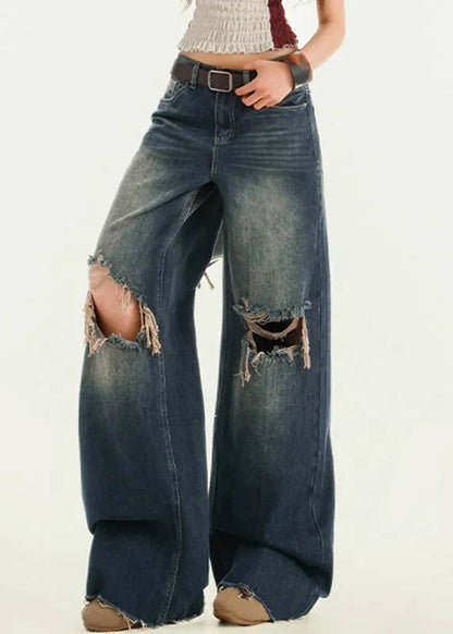 Blue High Waist Wide Leg Ripped Jeans Fall