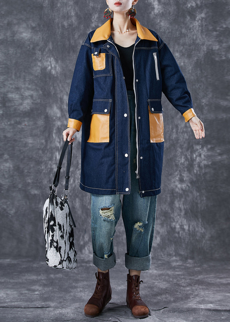 Navy Oversized Patchwork Pockets Denim Coat Outwear Fall