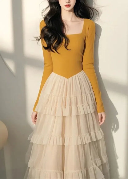 Italian Yellow Square Collar Tulle Patchwork Long Dress Spring