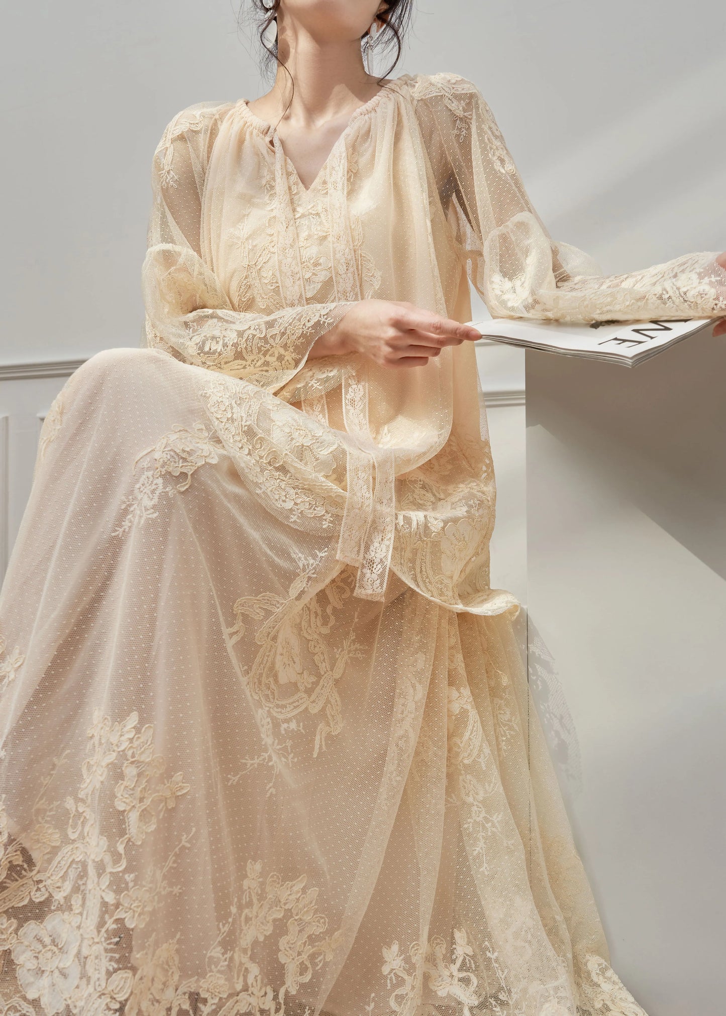 Boutique Apricot V Neck Lace Top and Skirts Set Spring