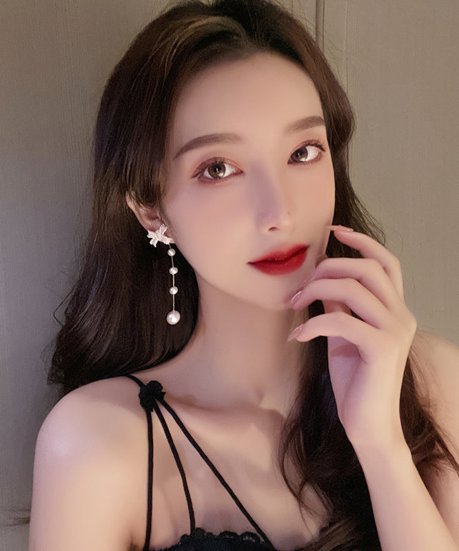 White Sterling Silver Alloy Bow Pearl Tassel Drop Earrings