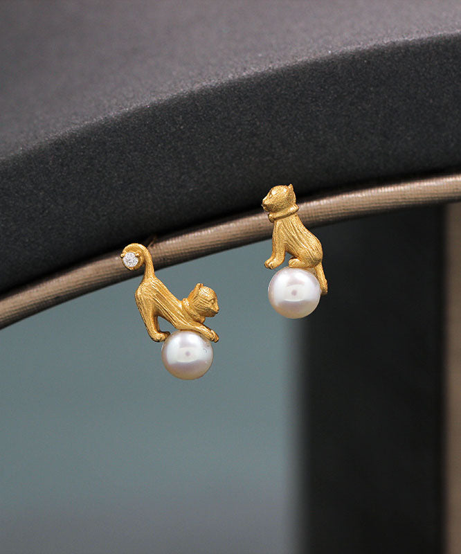 Yellow 14k Gold Cats Pearl Asymmetrical Design Stud Earrings