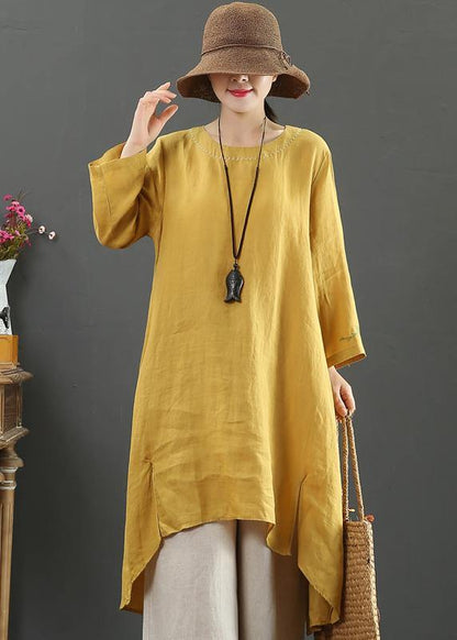 O Neck Low High Design Spring Clothes Shirts Yellow Embroidery Art Dress