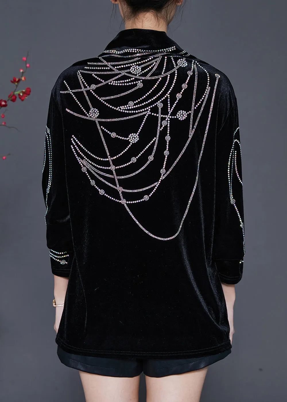 Diy Black Turtle Neck Zircon Silk Velour Shirts Spring