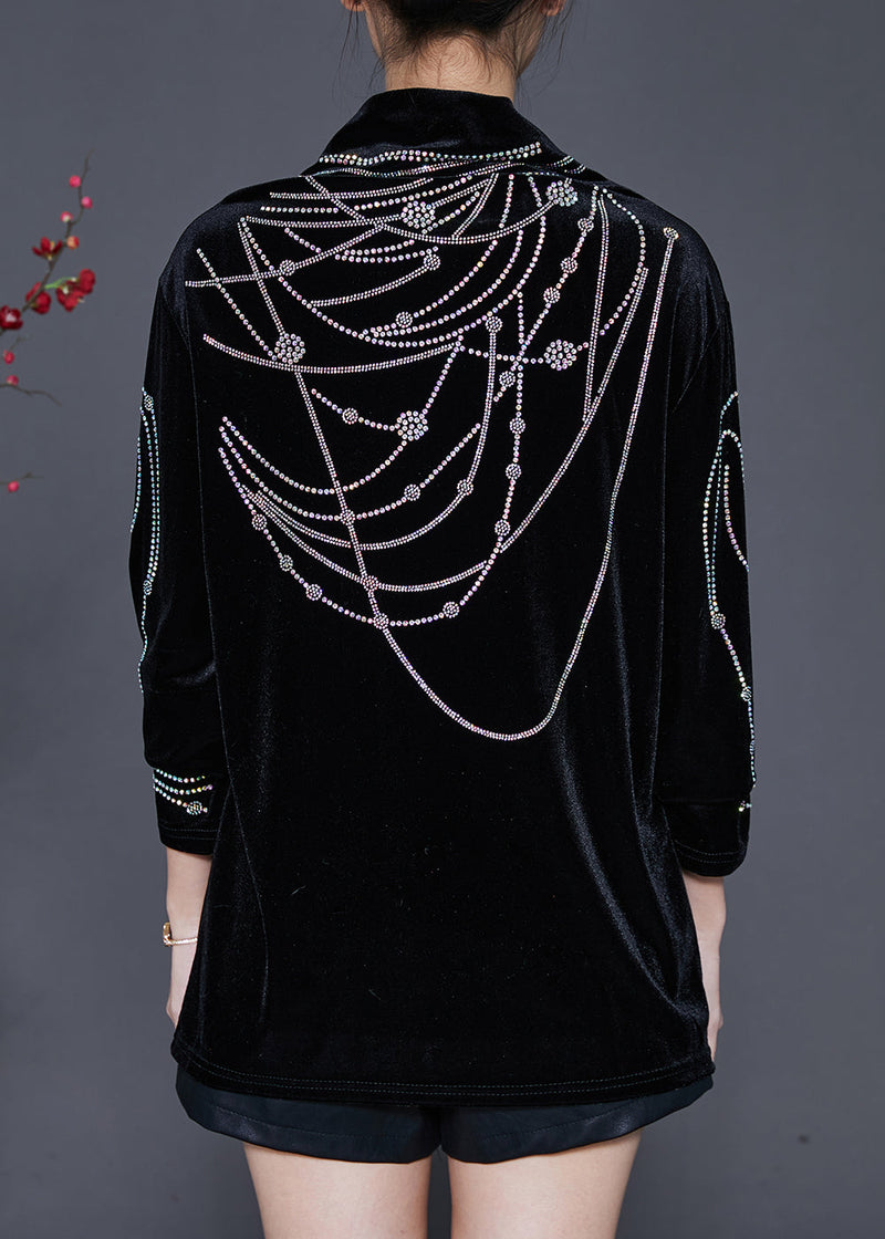 Diy Black Turtle Neck Zircon Silk Velour Shirts Spring