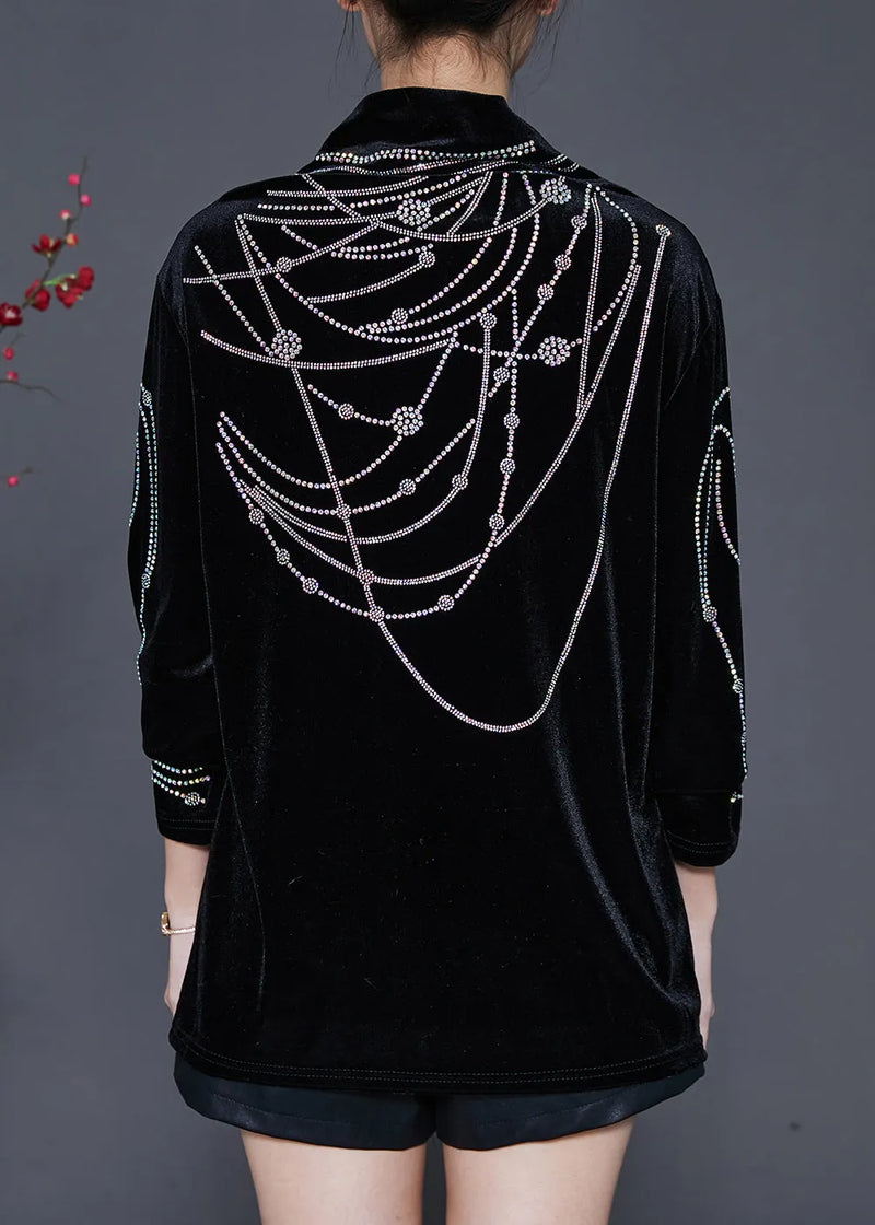 Diy Black Turtle Neck Zircon Silk Velour Shirts Spring