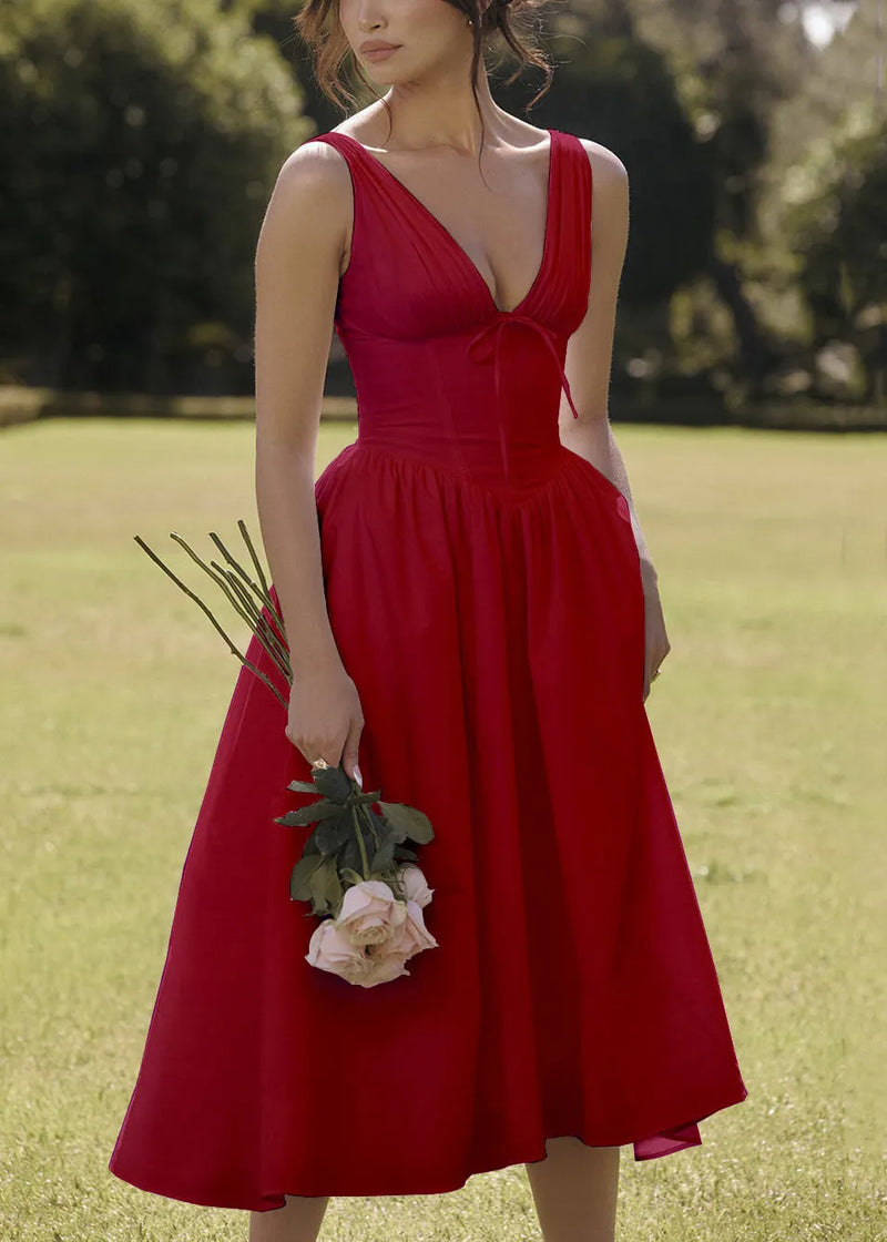New Red V Neck High Waist Cotton Dresses Sleeveless