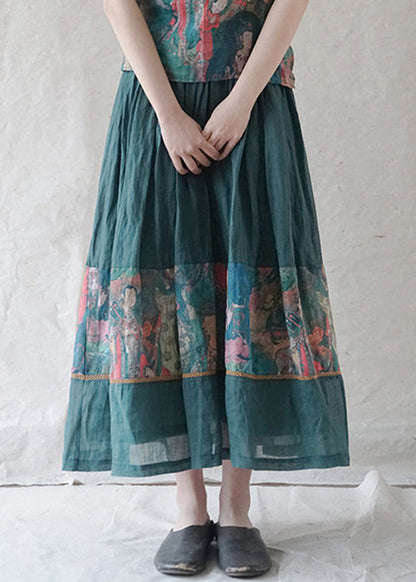 Retro Green Elastic Waist Drawstring Print Patchwork Linen Skirt Spring