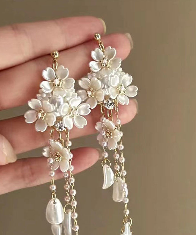 Diy White Alloy Pearl Tassel Drop Earrings