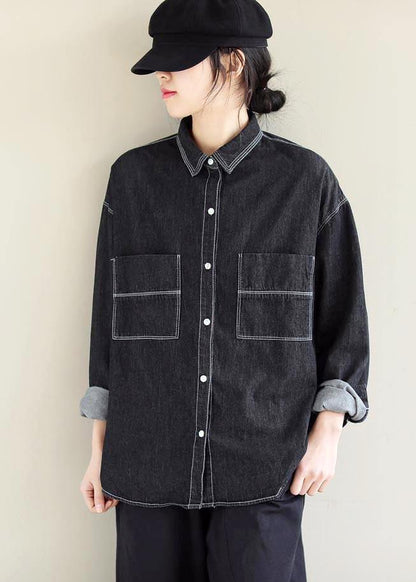 Denim Black Top Silhouette Lapel Pockets Vestidos De Lino Spring Shirts