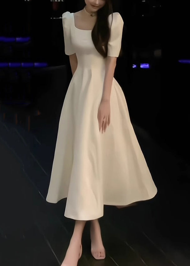 White Square Collar Cotton Long Dress Summer