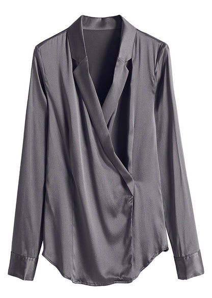 Slim Fit Grey V Neck Button Silk Shirt Long Sleeve