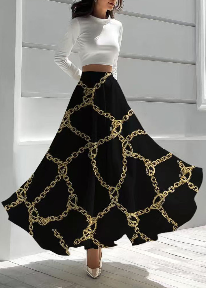 Black Print Exra Large Hem Chiffon Skirt Summer