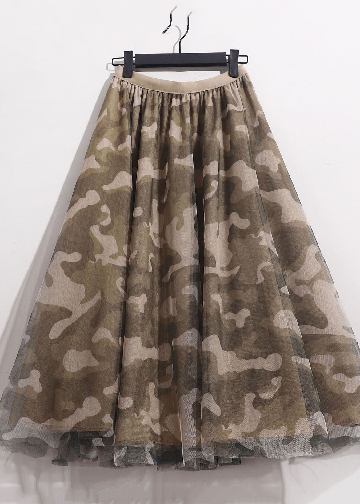 Camouflage Print Elastic Waist Tulle Vacation Skirts Spring